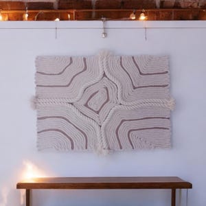 Handmade Fiber Art Wall Hanging, Contemporary Art for Modern Home made of Natural Cotton  rope Macrame Bohemien Beige Art, 5 and 10 mm, 3ply