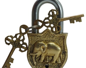Unique Collectible Combination Door Security Lock with 2 Key Handmade Antique Design Vintage Elephant Shape lock Brass Elephant Lock