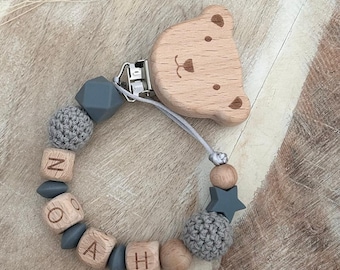 Personalized pacifier chain with teddy bear clip - gift for a newborn
