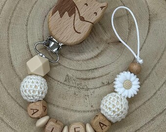 Pacifier chain, pacifier chain with name, personalized pacifier chain, gift for newborns, various clips: lion, elephant, fox, flower