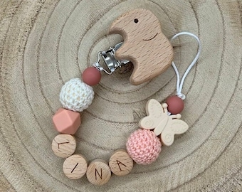 Personalized pacifier chain with name for girls in peach and white | Elephant clip with crocheted beads | Gift for christening, birth or baby shower