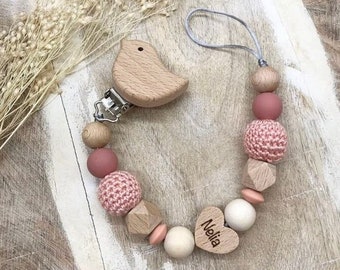 Personalized Pacifier Chain for Girls, Bird Clip | Personalized Baby Gifts | Wood & Silicone | Gift for Birth or Christening