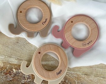 Personalized wooden elephant teething ring | Baby teething ring with name | Montessori baby toy | Newborn gift