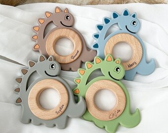 Personalized Dinosaur Teething Ring with Name, Made of Wood & Silicone • Personalized Baby Gift for Birth or Christening • Custom Engraving
