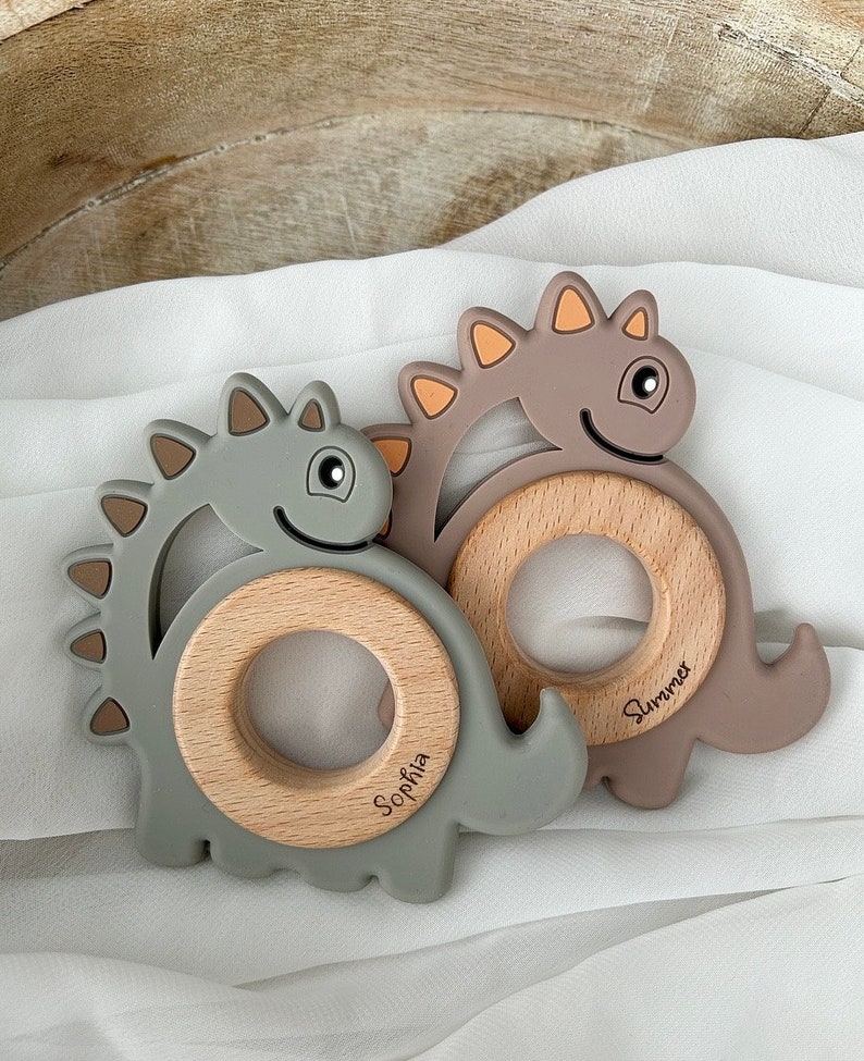 Gripping teething ring personalized name and dates of birth engraved dino Easter gift different colors image 5