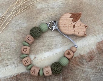 Personalized pacifier chain with name for boys and girls in green | Fox clip with crocheted beads | Gift for christening, birth or baby shower