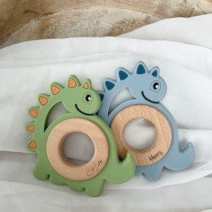 Gripping teething ring personalized name and dates of birth engraved dino Easter gift different colors image 6