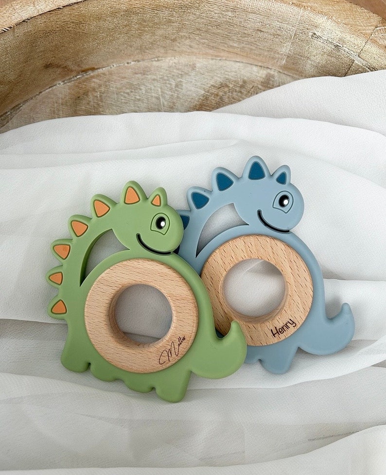Gripping teething ring personalized name and dates of birth engraved dino Easter gift different colors image 6