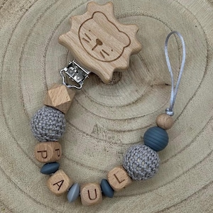Cadena para chupete con nombre, cadena para chupete personalizada, regalo, bautizo, nacimiento, varios clips, gris, cadena para chupete, letras de madera