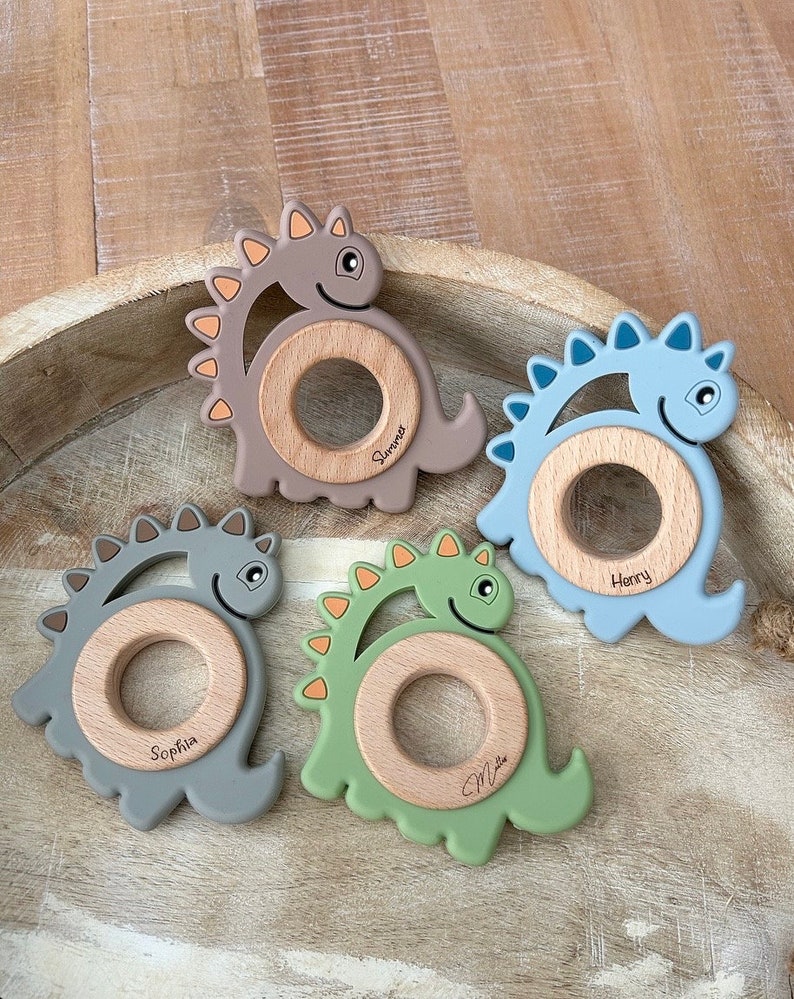 Gripping teething ring personalized name and dates of birth engraved dino Easter gift different colors image 4