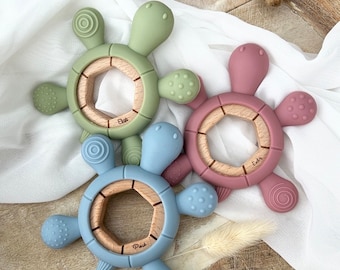 Personalized Turtle Teething Ring with Name & Date, Custom Engraving, Silicone - Wood, Baby Toy, Gift for Birth and Christening