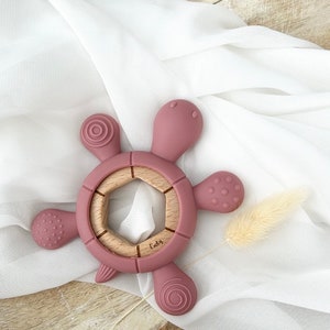 May include: A pink silicone teething toy shaped like a turtle with a wooden ring in the center. The toy has textured surfaces and the word "Emily" is engraved on the wooden ring.