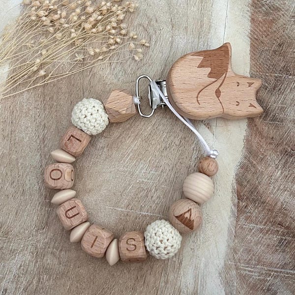 Personalized pacifier chain with name for girls and boys in cream colors with fox and mountain as a gift for christening or birth