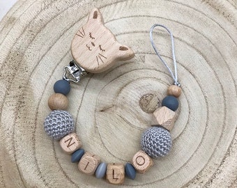 Pacifier chain personalized cat grey