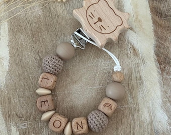 Personalized pacifier chain with name for boys and girls with rainbow | Lion clip with crochet beads, gift for christening, birth, or baby shower