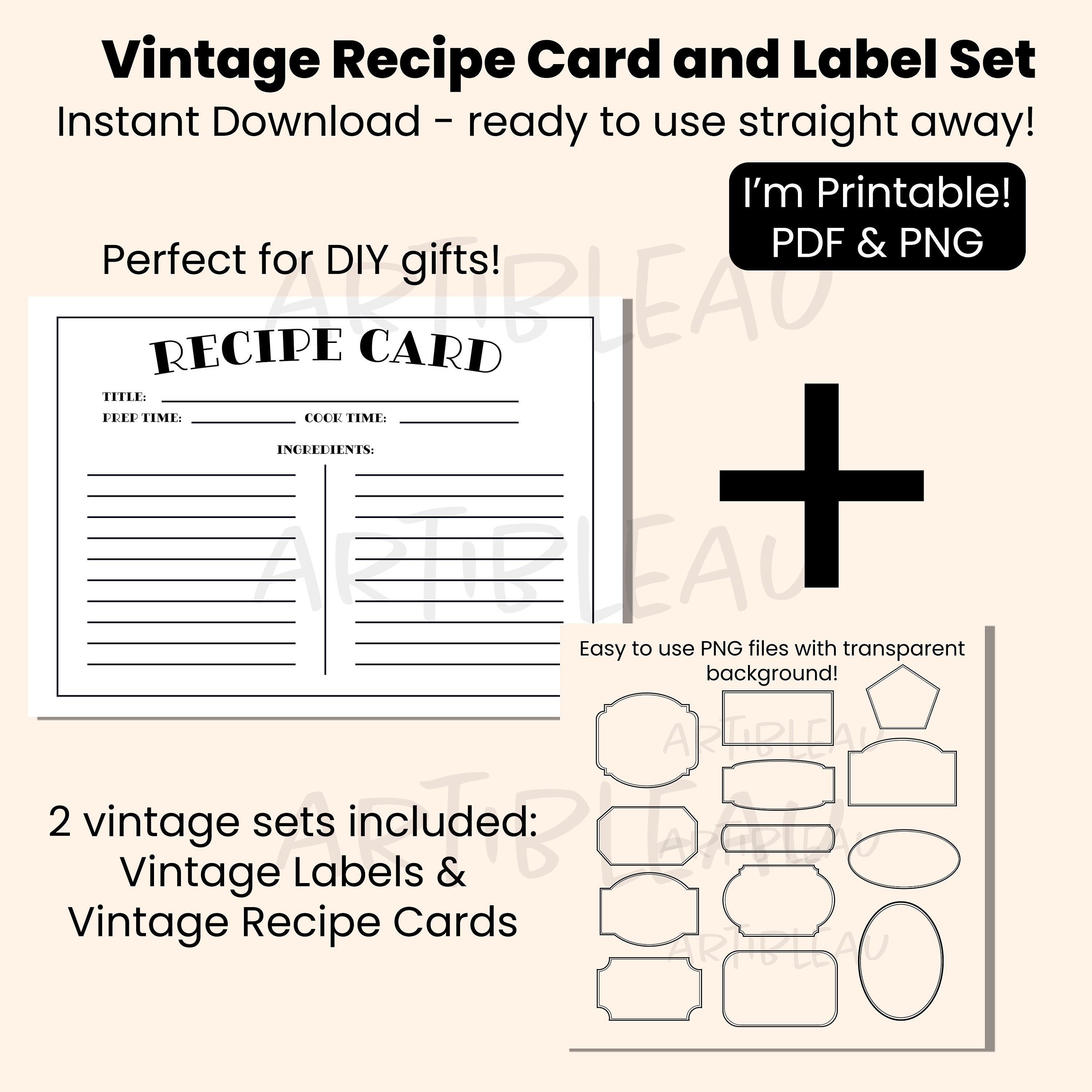 RECIPE CARD &amp; LABEL Set Digital Download Digital Paper Easy | Etsy