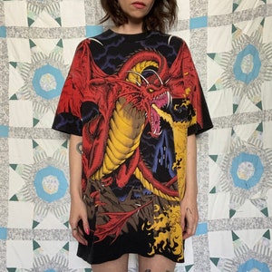 Vintage 1990s Liquid Blue Allover Print Dragon Fantasy Single 