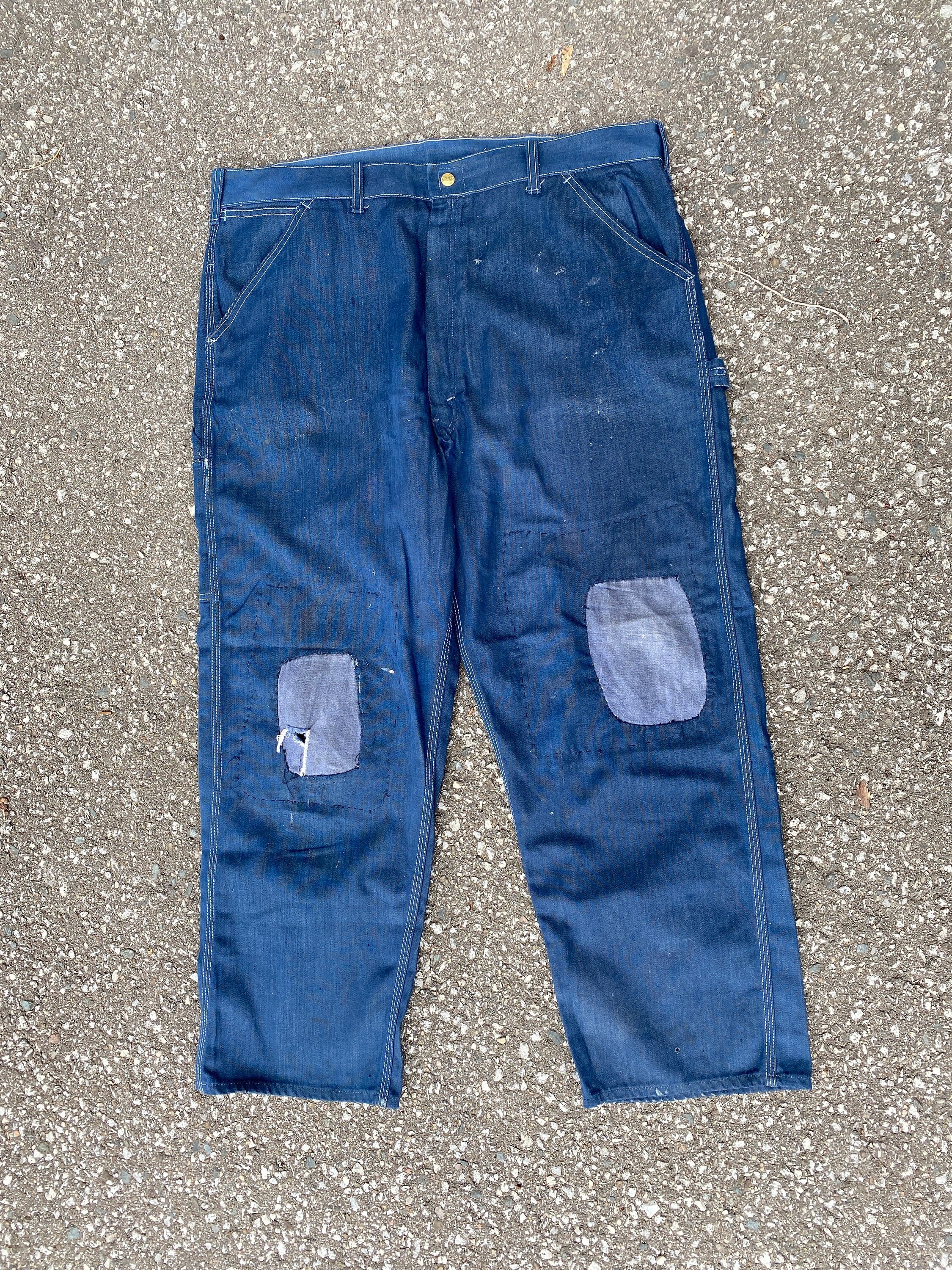 Denim Key Pants With Vintage Embroidered Patches, Size 34