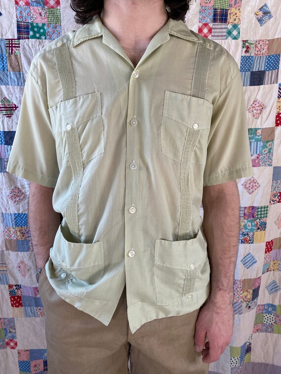 Vintage 1970s Sage Green Guayabera 