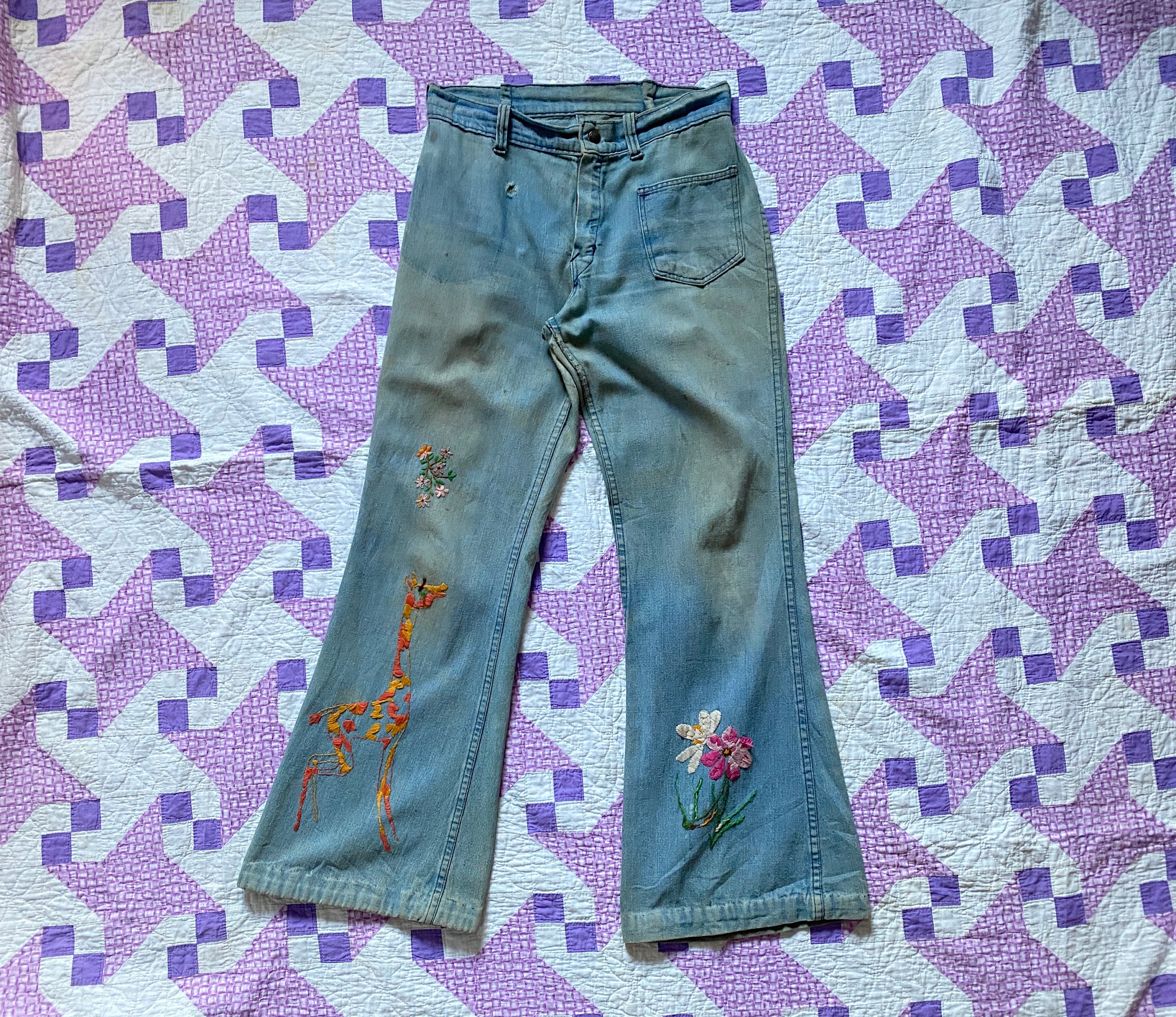 Adult 60s 70s Hippie Groovy Flower Child Bell Bottom Denim Peace