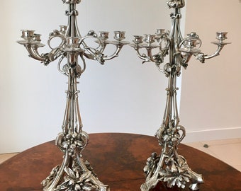 Antique Pair of Silvered Bronze Candelabra by Christofle - France