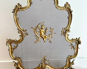 Antique French Bronze Fireplace Screen Embellished with Putti Angel