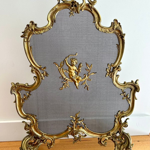 Antique French Bronze Fireplace Screen Embellished with Putti Angel