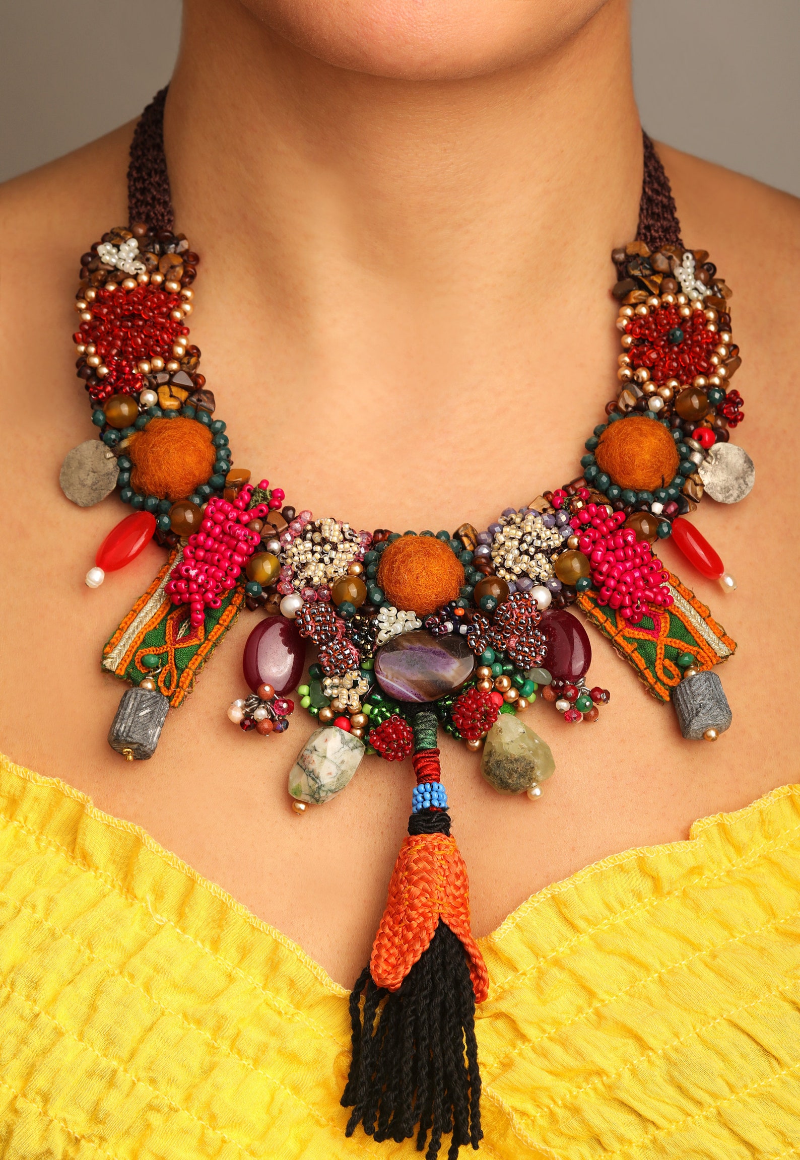 Boho Necklace Crochet Bib Necklaces With Gemstones and Flowers Etsy