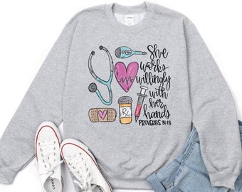 She Works Willingly With Her Handy Crewneck Sweatshirt, Nursing School Sweatshirts, Med School Sweater, RN Registered Nurses, Stethoscope