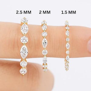 Marquise and Round Diamond Wedding Band, 14K Full Eternity Band, Dainty Stackable Ring, Floating Bubble Lab Diamond Bands, Anniversary Band