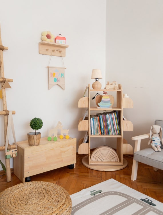 HM&DX 360° Rotating Childrens Bookshelf,Cartoon Books Rack Floor Simple Child Book Shelf for Home Bookcases Furniture 