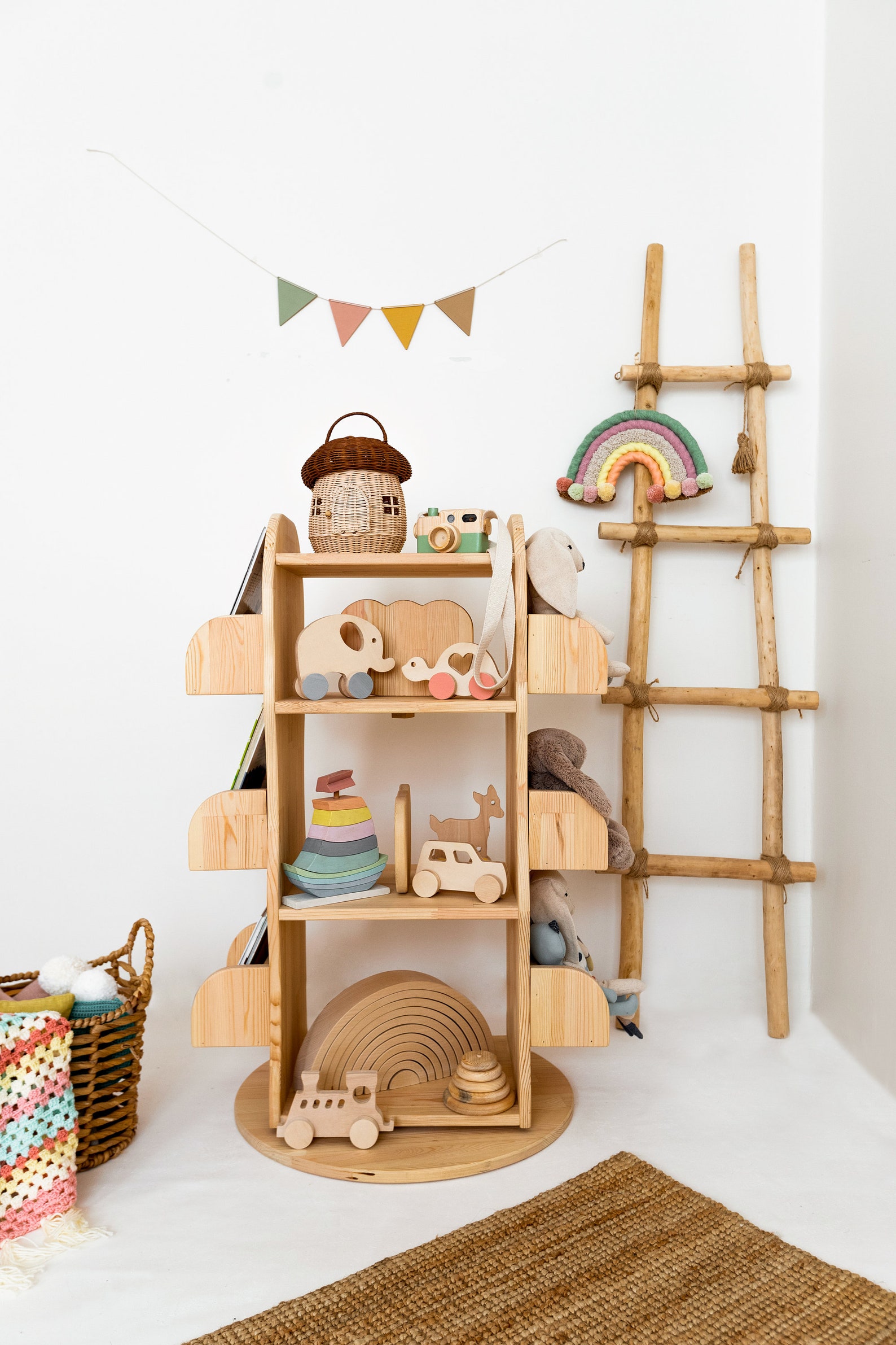 The Rotating Bookshelf for Kids Montessori Bookshelf Natural Etsy