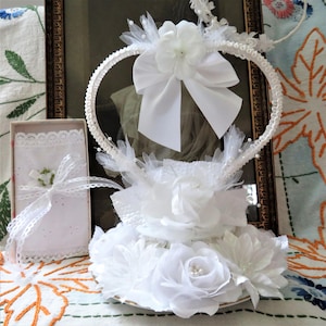 Bright White, Heart Shaped Wedding Cake Topper with Satin Bow / Centerpiece / Decoration