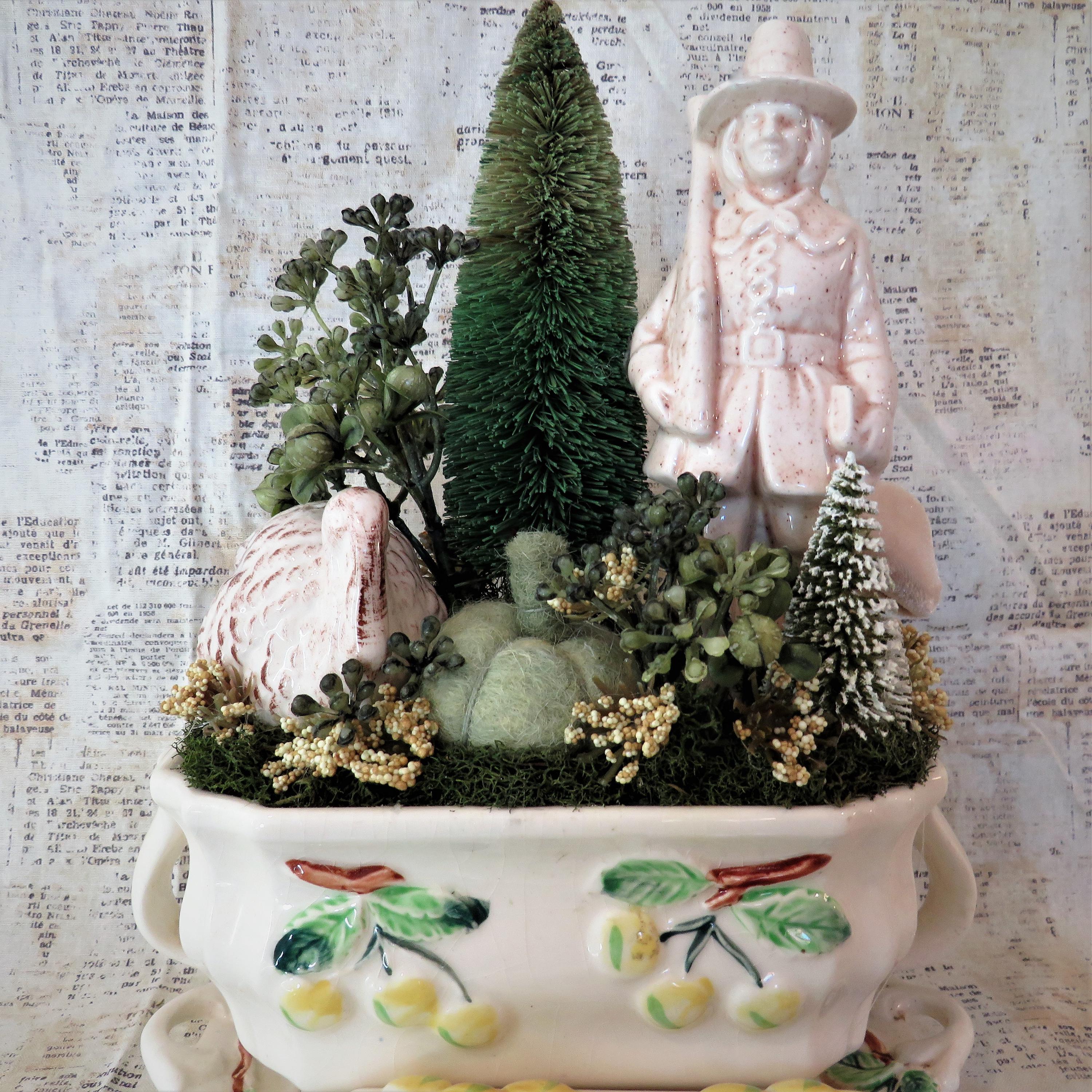Thanksgiving Pilgrim and Turkey on Vintage Gravy Boat Container Diorama ...