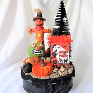 OOAK Vintage Halloween Scarecrow and Green Ghoul Diorama / Decoration / Centerpiece