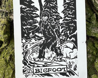 Bigfoot Linocut Print | 5”x7” Cryptid Block Print | Cryptozoology | Goth Art | Folklore | Mythology | Urban Legend | Fantasy Creature Art