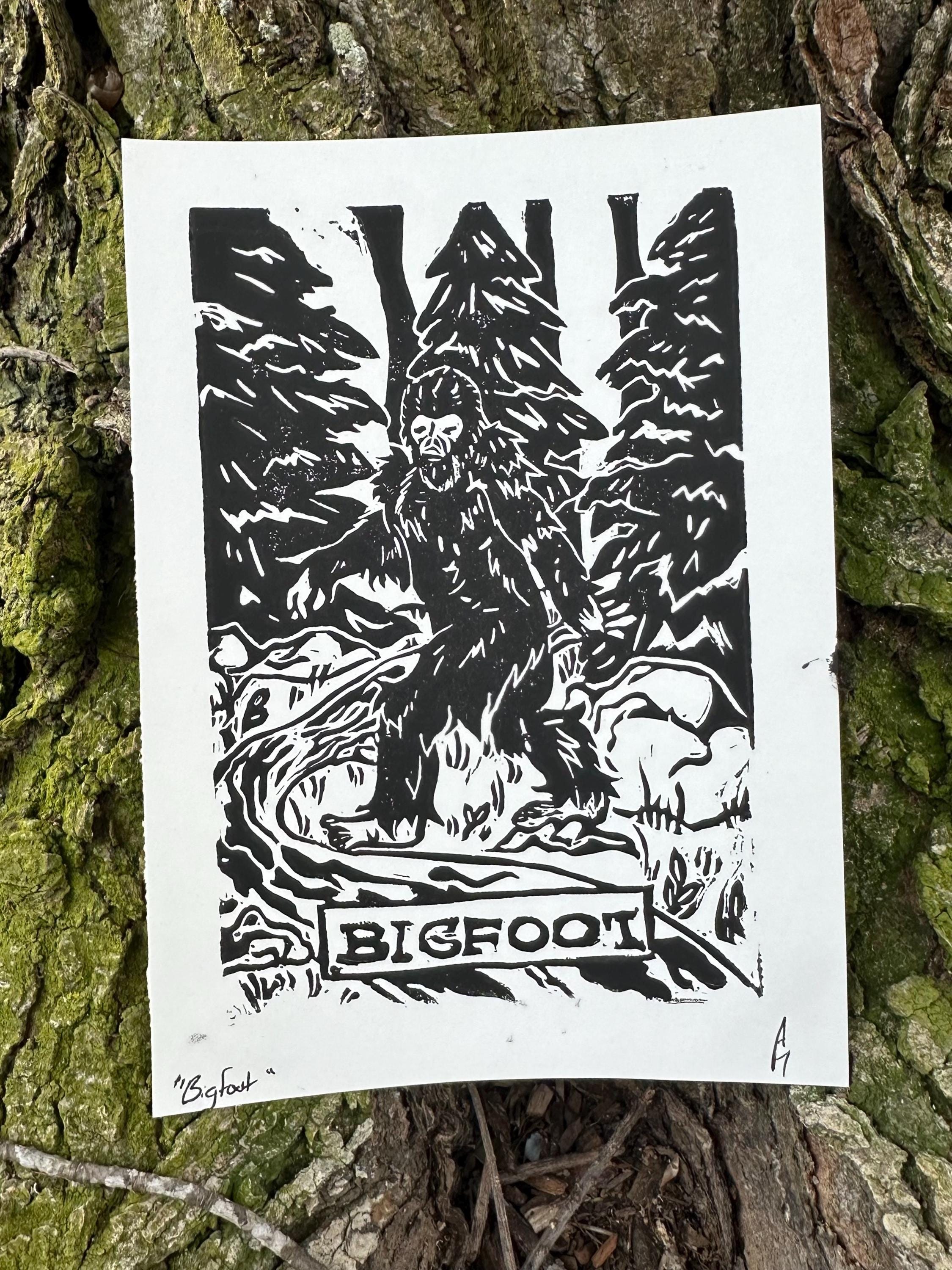 Bigfoot Linocut Print | 5”x7” Cryptid Block Print | Cryptozoology