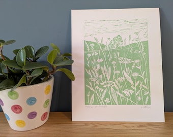 Yorkshire Dales meadow wildflower original linoprint - hand made art print
