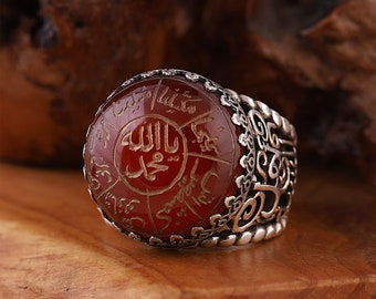 Handcrafted Agate Ring with Ashab al-Kahf Names - Yemeni Aqeeq Arabic Quran Ring, Islamic Gift for Men, Handmade Silver Ring For Muslim Dad