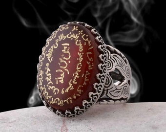 Islamic Talisman Ring with Surah Neml Ayats • Yemen Aqeeq Protection Ring • Carved Islam Ring • Sterling Silver Yemeni Agate Ring for Muslim