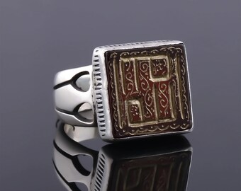 Islamic Aqeeq Ring with ALLAH Engrave • Square Stone Signet Ring for Muslim • Unique Ambigram Ring • Yemen Agate ALLAH Ring • Islam Jewelry