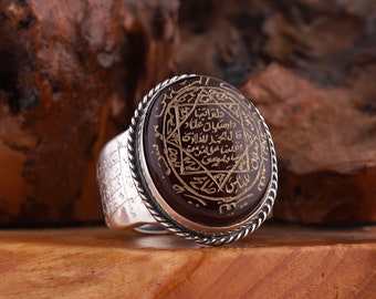 Bague Salomon Aqeeq en argent sterling, bague sceau du roi Salomon gravé, bague akik islam yéménite, bague agate arabe du Yémen, bijoux islamiques