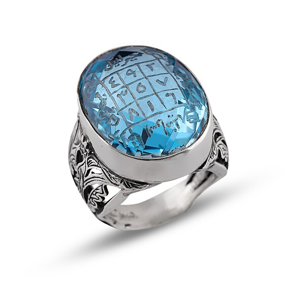 Blue Topaz Islamic Talisman Ring, Sterling Silver Ara… - Gem