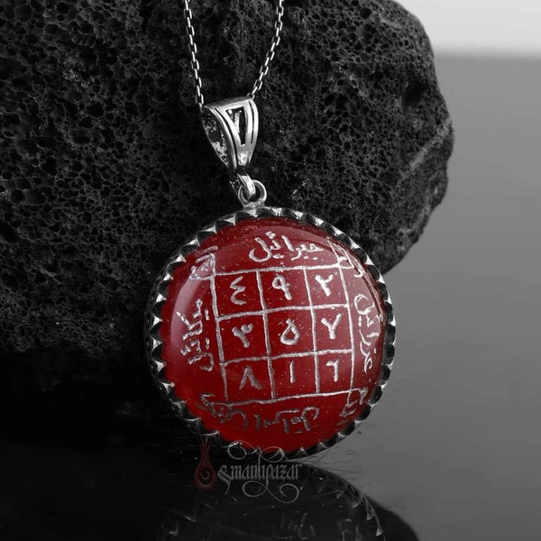 Agate Good Luck Talisman for Muslims – Islamic Abjad Vefq Pendant in Silver, Engraved Red Aqeeq Lucky Numbers Amulet, Good Fortune Necklace