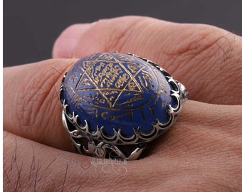 Bague sceau de Salomon en agate bleue en argent - Bague roi Salomon islamique, bague sceau de Salomon, bijoux de protection Aqeeq, bague amulette islam pour homme