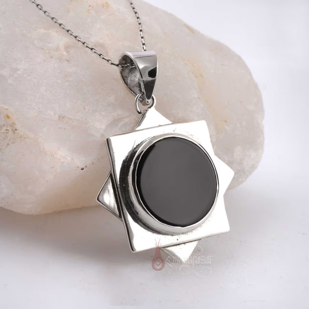 Sterling Silver Black Onyx Pendant Necklace 8 Pointed Star Pendant