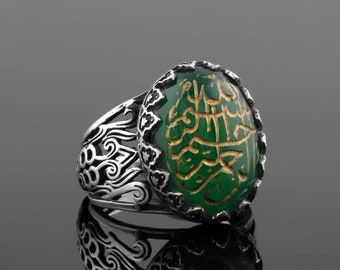 Green Aqeeq Bismillah Ring - Engraved Agate Islam Ring, Muslim's Bismillahirrahmanirrahim Ring, 925 Silver Islamic Bismi Allah Jewelry