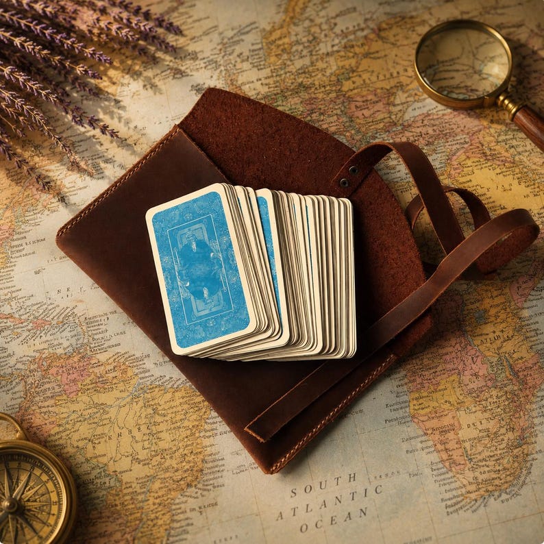 May include: A deck of playing cards with blue patterned backs fanned out on top of a dark brown leather pouch. The cards feature a central illustration of a figure in a frame. The pouch has a wrap-around leather strap and visible stitching.
