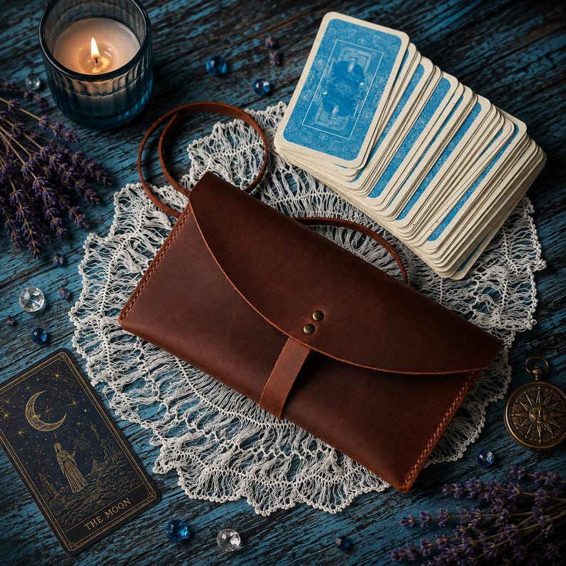 May include: A brown leather envelope-style pouch with a flap closure secured by two metal rivets and a leather strap. The pouch is positioned on a white lace doily, surrounded by a deck of blue-backed tarot cards, a lit candle, and dried lavender.