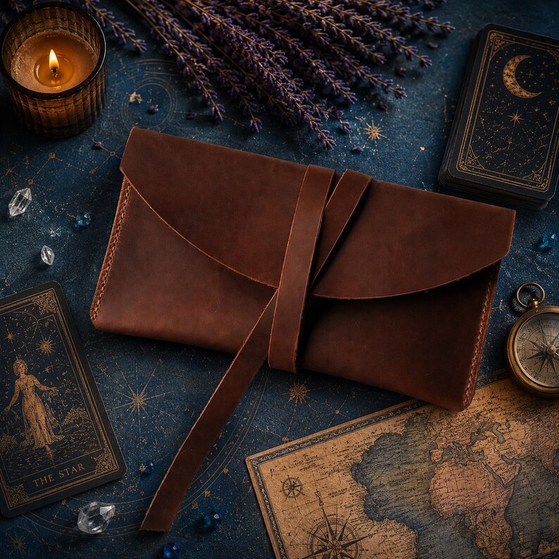 May include: A rectangular brown leather pouch featuring a wrap-around leather tie closure. The pouch has a smooth, matte finish with visible stitching along the edges and a long, thin leather strap that secures the flap in a horizontal orientation.